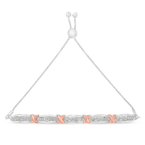 .925 Sterling Silver 1/4 Cttw Round-Cut Diamond X & Tapered Bar Miracle-Set Bolo Bracelet (I-J Color, I3 Clarity) - Two Tone Rose Gold & Silver