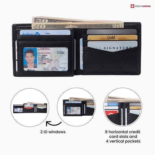 Alpine Swiss Mens Leather RFID Bifold Wallet 2 ID Windows Divided Bill Section EasyOptionXY LLC