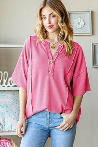Heimish Ribbed Half Button Top - Full Size Drop Shoulder Style