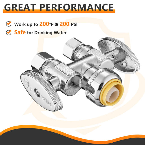 10 Pcs 1/2" Push Connect x Dual 3/8" OD Compr. Compr. Straight Stop Valve, 1/4 Turn (Lead Free) Plumbingsell