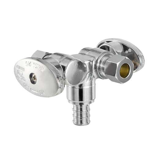 1/2" PEX Crimp x 3/8" OD Compr. x 3/8" OD Compr. Dual Stop Valve, 1/4 Turn (Lead Free)