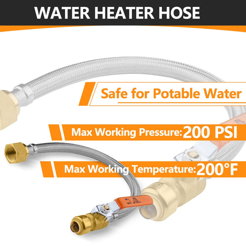 3/4" Push fit x 3/4" FIP, 15" Flexible Water Heater Connector Hose, with Ball Valve