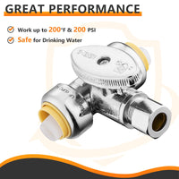 1/2" Push Connect x 1/2" Push Connect x 3/8" OD Compr. Tee Stop Valve, 1/4 Turn (Lead Free)