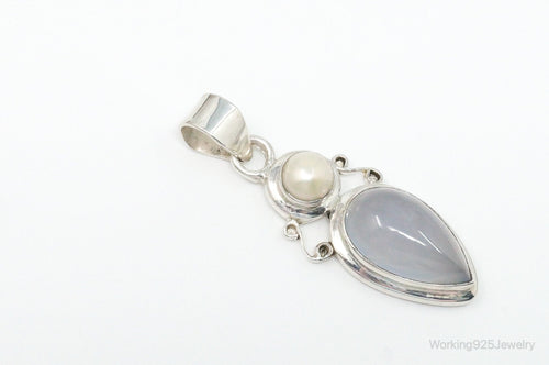 Large Designer Supreme Jewelers Blue Chalcedony Pearl Sterling Necklace Pendant