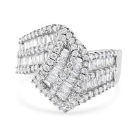 14K White Gold 1-1/2 Cttw Round and Baguette Diamond Bypass Cocktail Ring Band (H-I Color, SI1-SI2 Clarity) - Size 7