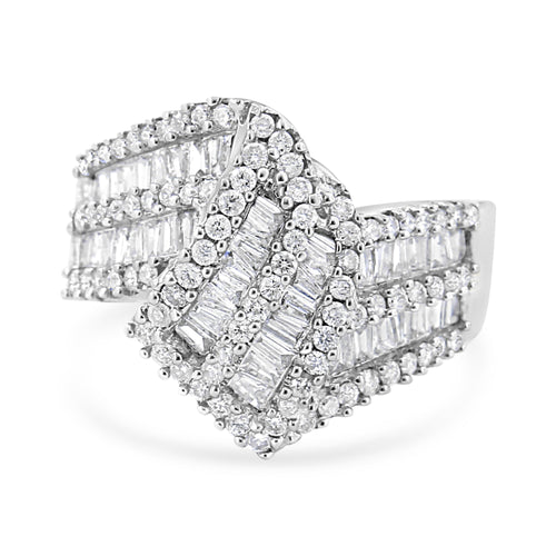 14K White Gold 1-1/2 Cttw Round and Baguette Diamond Bypass Cocktail Ring Band (H-I Color, SI1-SI2 Clarity) - Size 7