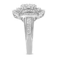 14K White Gold 1.0 Cttw Round & Baguette Cut Diamond Floral Cluster Quatrefoil Channel Set Band Cocktail Statement Ring (H-I Color, SI2-I1 Clarity) - Size 6-3/4