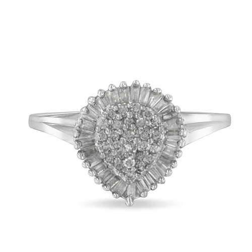 10K White Gold 1/2 Cttw Round & Baguette Cut Diamond Pear Shaped Domed PavÃ© Cluster with Halo Cocktail Ring (H-I Color, SI1-SI2 Clarity) - Size 5
