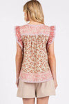 Mittoshop Floral Notched Ruffled Cap Sleeve Blouse