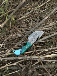 Elite Custom Handmade Damascus Steel Guthook Skinning Knife with Resin Handle - 7.5” Premium Blade with Leather Sheath