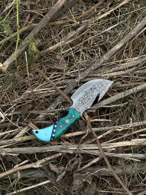 Elite Custom Handmade Damascus Steel Guthook Skinning Knife with Resin Handle - 7.5” Premium Blade with Leather Sheath