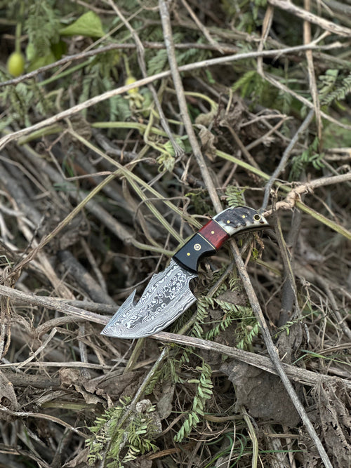 Premium Custom Handmade Damascus Steel Guthook Skinning Knife with Resin Handle - 7.5” Sharp Blade with Leather Sheath