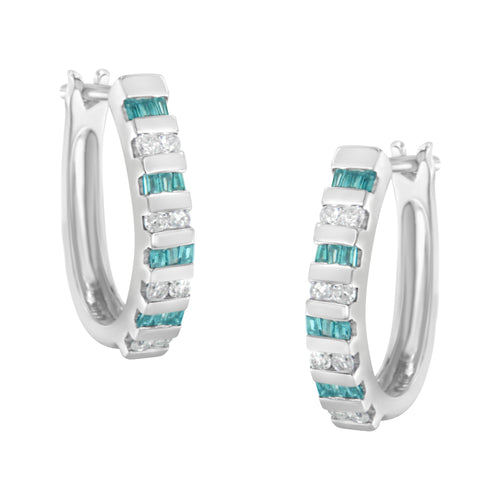 10k White Gold Round and Blue Baguette 1/2 cttw Diamond Hoop Earrings (I-J Color, I2-I3 Clarity)