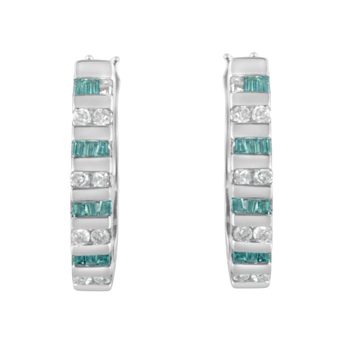 10k White Gold Round and Blue Baguette 1/2 cttw Diamond Hoop Earrings (I-J Color, I2-I3 Clarity)
