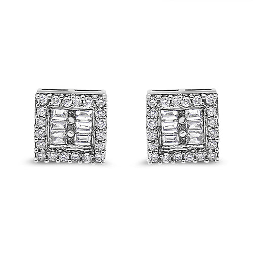 14K White Gold 1 cttw Round and Baguette Diamond Stud Earrings (H-I, SI1-SI2)