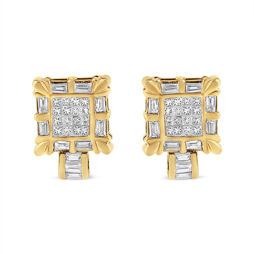 14K Yellow Gold 7/8 Cttw Princess and Baguette-Cut Diamond Square Framed Huggie Hoop Omega Earrings (H-I Color, SI1-SI2 Clarity)
