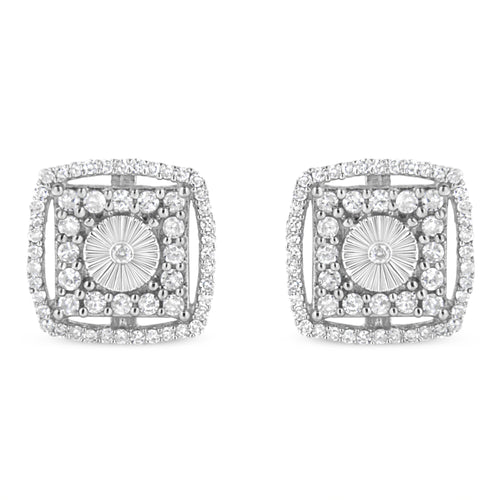 .925 Sterling Silver 1.0 Cttw Round Diamond Double Halo and Disc Stud Earring (I-J Color, I2-I3 Clarity)