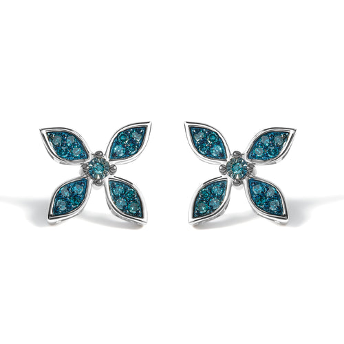 .925 Sterling Silver 1/3 Cttw Blue Diamond Floral Earrings