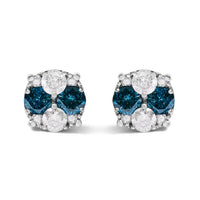.925 Sterling Silver 2.0 Cttw Blue Diamond Composite Cluster Stud Earring