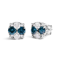 .925 Sterling Silver 2.0 Cttw Blue Diamond Composite Cluster Stud Earring