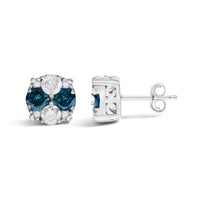 .925 Sterling Silver 2.0 Cttw Blue Diamond Composite Cluster Stud Earring