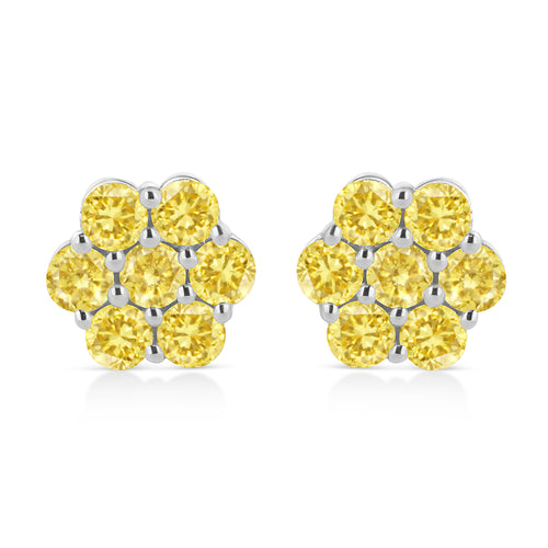 .925 Sterling Silver 1/4 Cttw Treated Yellow Diamond Floral Stud Earrings (Yellow Color, I1-I2 Clarity)