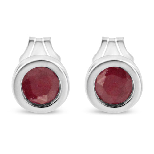 .925 Sterling Silver Bezel Set 3.5mm Created Red Ruby Gemstone Solitaire Stud Earrings