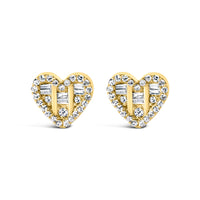 14K Yellow Gold Plated .925 Sterling Silver 1/2 Cttw Round and Baguette Diamond Composite Heart Shaped Stud Earring (I-J Color, SI2-I1 Clarity)