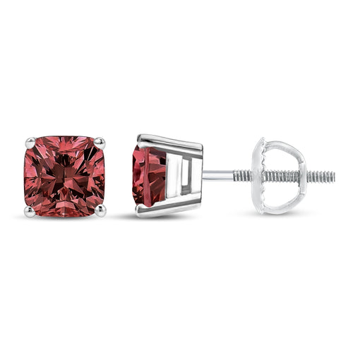 14K White Gold 1 1/2 Cttw Lab Grown Pink Cushion 4-Prong Set Classic Diamond Solitaire Stud Earrings (Pink Color, VS1-VS2 Clarity)