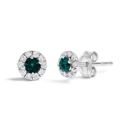 .925 Sterling Silver 1/3 Cttw White and Blue Diamond Halo Stud Earring