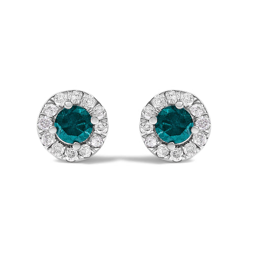 .925 Sterling Silver 1/2 Cttw Blue Diamond Halo Stud Earring