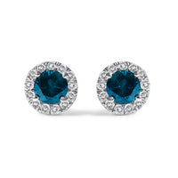 .925 Sterling Silver 1.00 Cttw Blue Diamond Halo Stud Earring