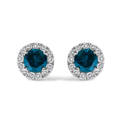 .925 Sterling Silver 1.00 Cttw Blue Diamond Halo Stud Earring