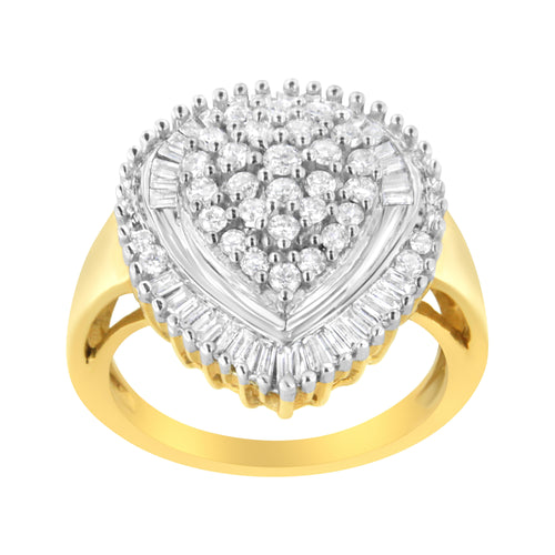 10K Yellow Gold 1.0 Cttw Round and Baguette Cut Diamond Oval Shaped Cluster Ring (I-J Color, I1-I2 Clarity) - Size 7