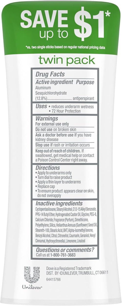 Dove Advanced Care Anti Deo Stick Cool Essentials Twin Pack for helping your skin barrier repair after shaving 72 h odor control and all-day sweat protection with Pro Ceramide Technology 2.6 oz