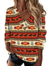 Boho Western V-Neck Long Sleeved Top – Stylish Cowgirl Fashion with Geometric Patterns