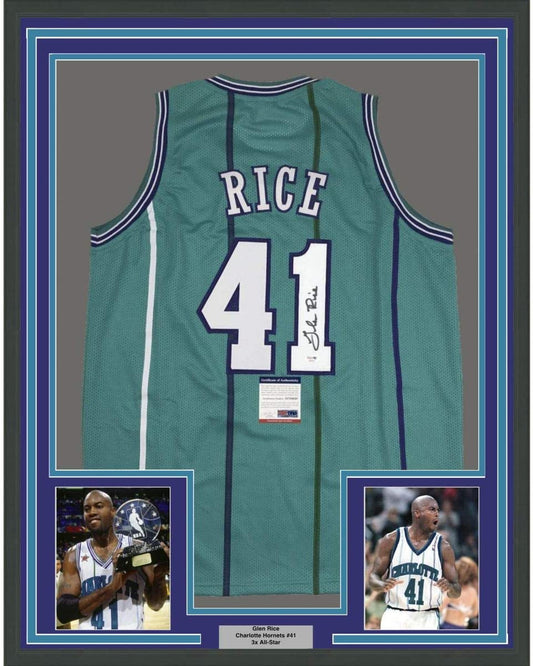 Framed Autographed/Signed Glen Rice 35x39 Charlotte Teal Basketball Jersey PSA/DNA COA