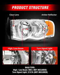 2002-2005 Dodge Ram Headlight Assembly For 1500 2500 3500 20032005 Clear Chrome Lens With Amber Reflector Replacement Left Right