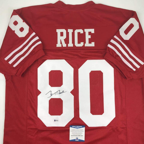 Autographed/Signed Jerry Rice San Francisco Red Football Jersey Beckett BAS COA