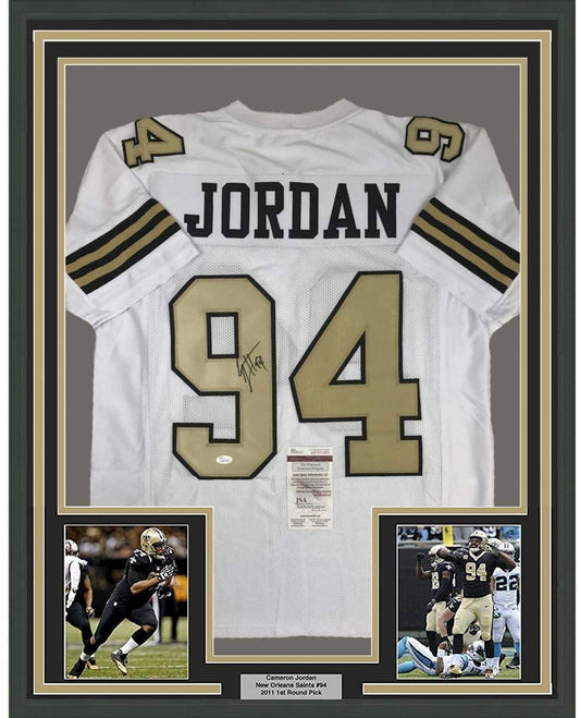 Framed Autographed/Signed Cameron Cam Jordan 35x39 New Orleans Color Rush Football Jersey JSA COA