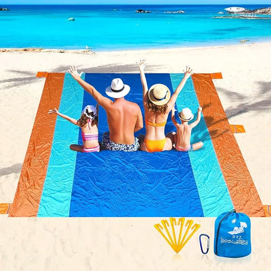 DYYBeach Blanket, Extra Large Oversized 10'X 9' for 7 Adults Soft Beach Mat, with 6 Stakes & 6 Pockets, Waterproof Sandless Picnic Mat Easy