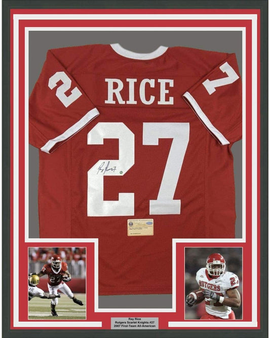 Framed Autographed/Signed Ray Rice 35x39 Rutgers Red College Football Jersey Steiner Sports COA