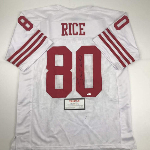 Autographed/Signed Jerry Rice San Francisco White Football Jersey Tristar COA