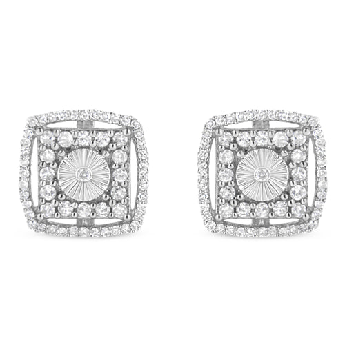 .925 Sterling Silver 1.0 Cttw Round Diamond Double Halo and Disc Stud Earring (I-J Color, I2-I3 Clarity)