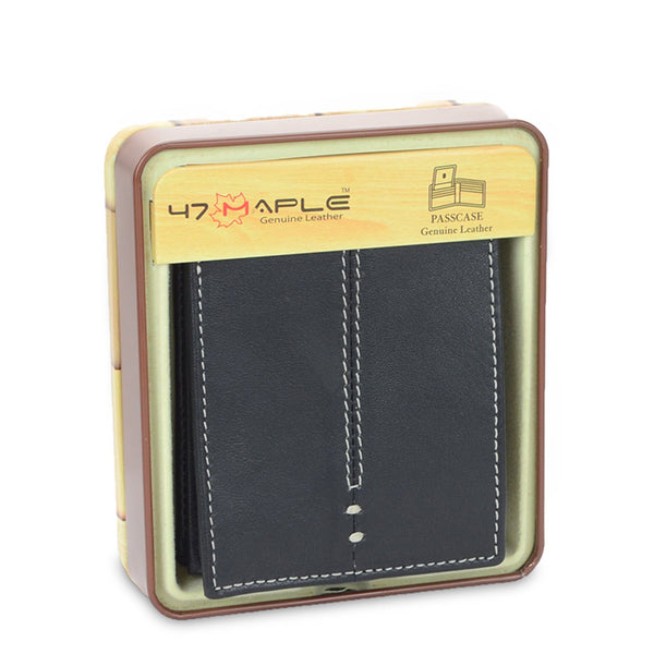 47 Maple Men's Center Stitch Design Genine Black Leather RFID Fixed Passcase Wallet in Tin Box EasyOptionXY LLC