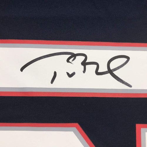 Framed Autographed/Signed Tom Brady 35x39 New England Patriots Blue Authentic Nike Game Football Jersey Tristar COA