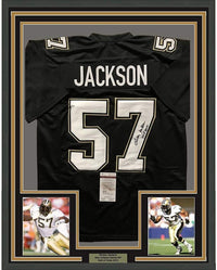 Framed Autographed/Signed Rickey Jackson 35x39 New Orleans Saints Black Football Jersey JSA COA