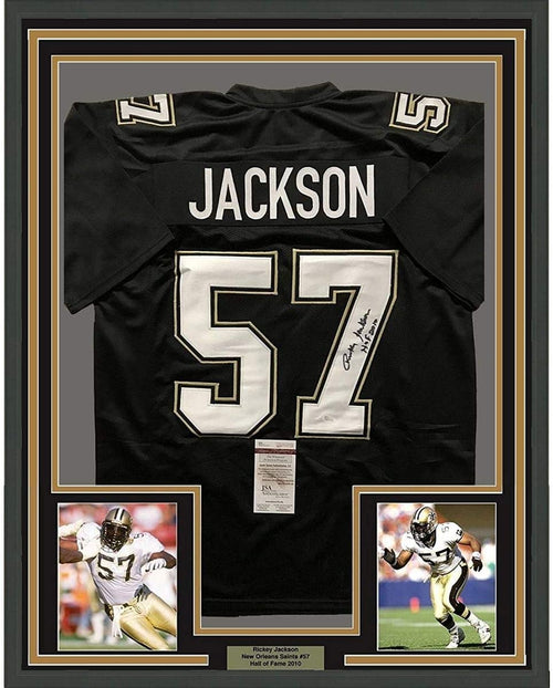 Framed Autographed/Signed Rickey Jackson 35x39 New Orleans Saints Black Football Jersey JSA COA