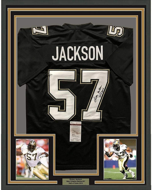Framed Autographed/Signed Rickey Jackson 35x39 New Orleans Saints Black Football Jersey JSA COA