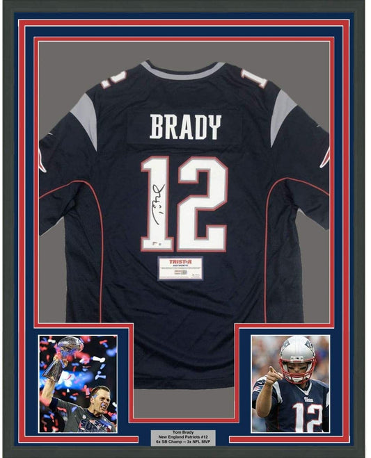 Framed Autographed/Signed Tom Brady 35x39 New England Patriots Blue Authentic Nike Game Football Jersey Tristar COA